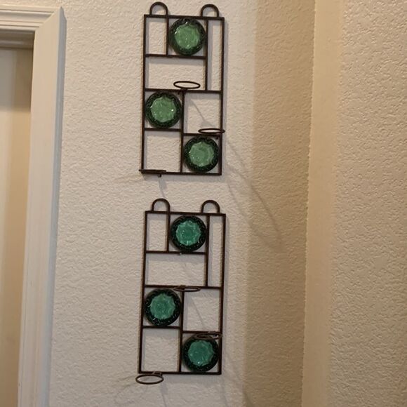 Party Lite Candle 3 Votive Holder Heavy Green Glass Metal Wall Decor In Out Door - Picture 2 of 7